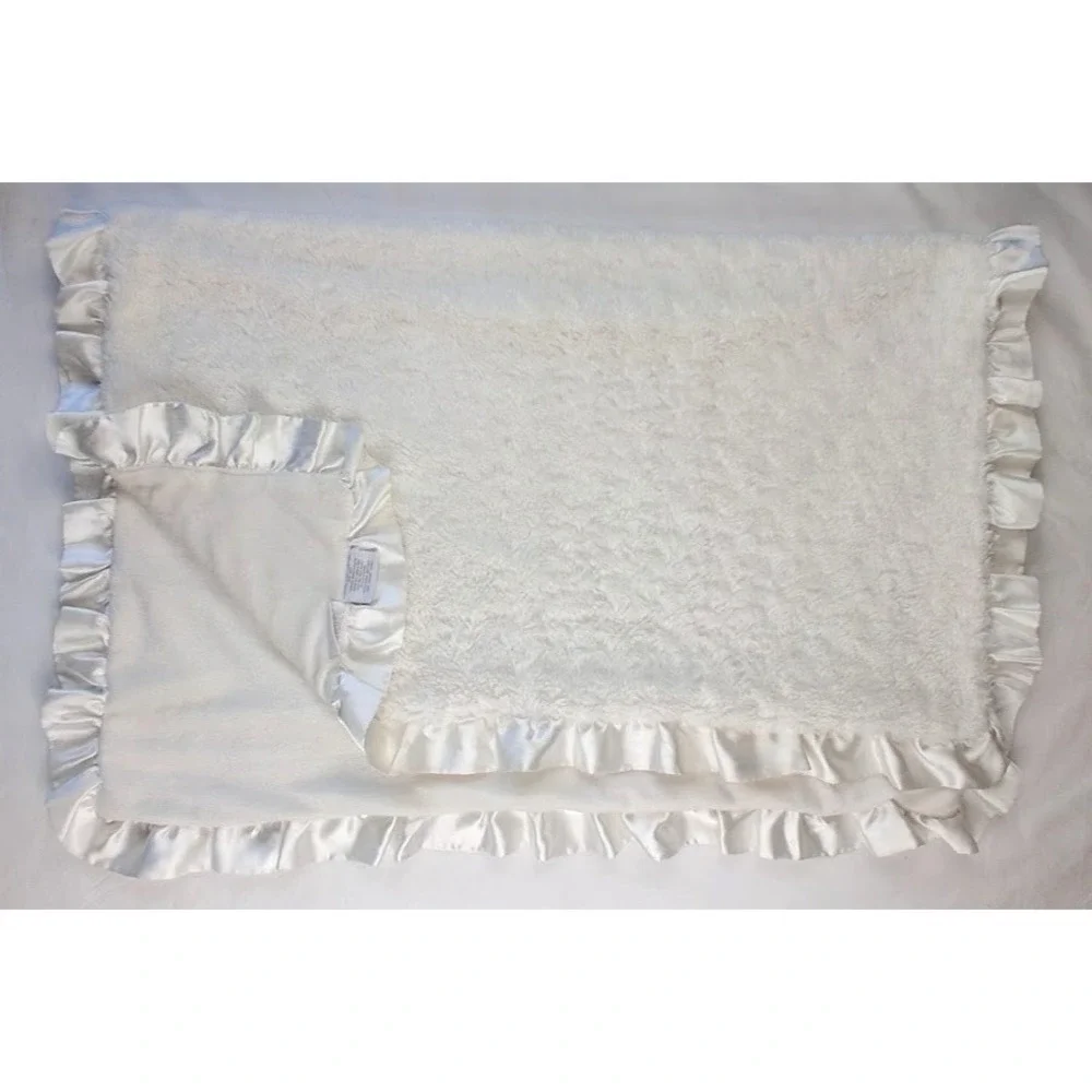 First Impressions Solid Beige White Baby Blanket Ruffled Satin Trim Furry Plush